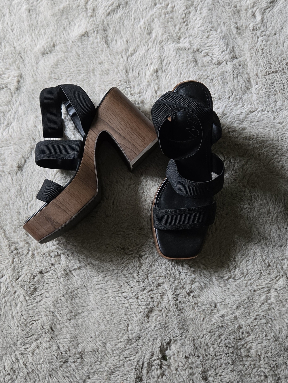 Wild Pair Black Strappy Platform Sandals with Wood-Look Heel